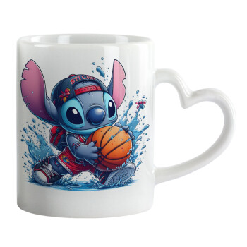 Stitch Basketball, Κούπα καρδιά χερούλι λευκή, κεραμική, 330ml