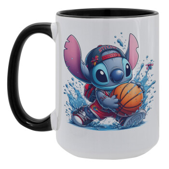 Stitch Basketball, Κούπα Mega 15oz, κεραμική Μαύρη, 450ml