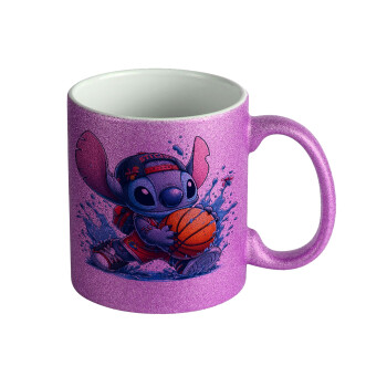 Stitch Basketball, Κούπα Μωβ Glitter που γυαλίζει, κεραμική, 330ml