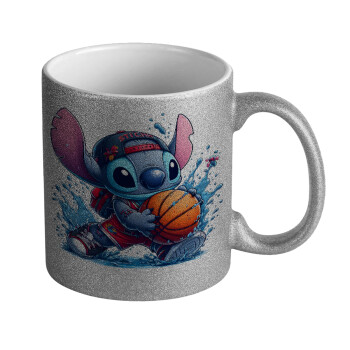 Stitch Basketball, Κούπα Ασημένια Glitter που γυαλίζει, κεραμική, 330ml