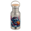 Stainless steel metallic thermos flask, silver with a bamboo lid, double-walled, 350ml.