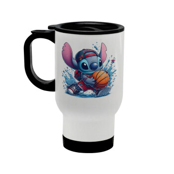 Stitch Basketball, Stainless steel travel mug with lid, double wall white 450ml