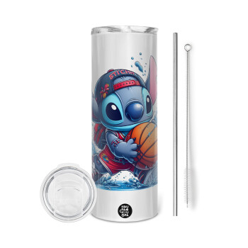 Stitch Basketball, Tumbler ποτήρι θερμό από ανοξείδωτο ατσάλι 600ml, με μεταλλικό καλαμάκι & βούρτσα καθαρισμού