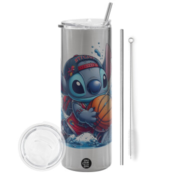 Stitch Basketball, Tumbler stainless steel Silver 600ml, with metal straw & cleaning brush