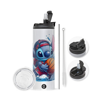 Stitch Basketball, Travel Tumbler θερμό με διπλό καπάκι, μεταλλικό καλαμάκι και βούρτσα καθαρισμού (Ανωξείδωτο 304 Food grade, BPA free, 600ml)