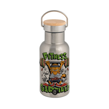 Garfield Fitness, Stainless steel metallic thermos flask, silver with a bamboo lid, double-walled, 350ml.