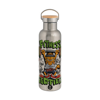 Garfield Fitness, Μεταλλικό παγούρι θερμός (Stainless steel) Ασημένιο με ξύλινο καπακι (bamboo), διπλού τοιχώματος, 750ml