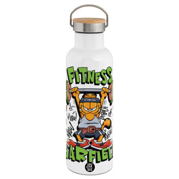 Garfield Fitness, Μεταλλικό παγούρι θερμός (Stainless steel) Λευκό με ξύλινο καπακι (bamboo), διπλού τοιχώματος, 750ml