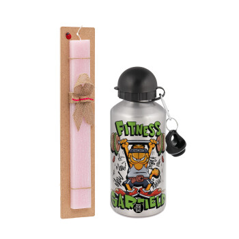 Garfield Fitness, Easter Set, metallic Silver aluminum water bottle (500ml) & scented flat Easter candle (30cm) (PINK)