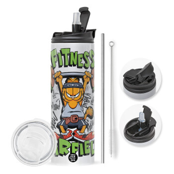 Garfield Fitness, Travel Tumbler θερμό με διπλό καπάκι, μεταλλικό καλαμάκι και βούρτσα καθαρισμού (Ανωξείδωτο 304 Food grade, BPA free, 600ml)