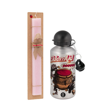 Elden-Aid, Elden Ring inspired , Easter Set, metallic Silver aluminum water bottle (500ml) & scented flat Easter candle (30cm) (PINK)