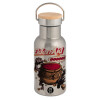 Stainless steel metallic thermos flask, silver with a bamboo lid, double-walled, 350ml.