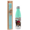 Easter Set, Metallic green/white thermos (Stainless steel), double-walled, 500ml & scented flat Easter candle (30cm) (TURQUOISE)