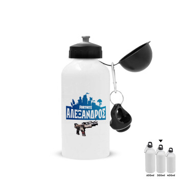 Fortnite with gun με το όνομα σου, Metal water bottle, White, aluminum 500ml