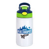 Children's hot water bottle, stainless steel, with safety straw, green, blue (350ml)