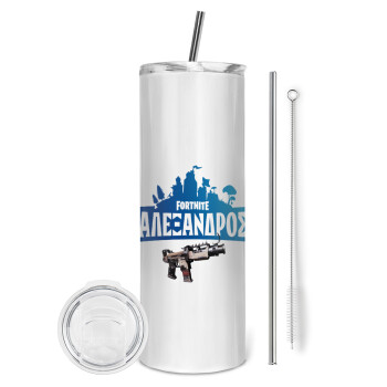 Fortnite with gun με το όνομα σου, Eco friendly stainless steel tumbler 600ml, with metal straw & cleaning brush