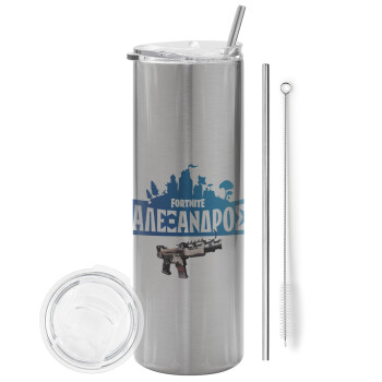 Fortnite with gun με το όνομα σου, Tumbler stainless steel Silver 600ml, with metal straw & cleaning brush