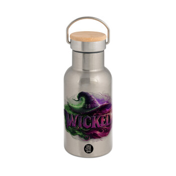 Wicked, Stainless steel metallic thermos flask, silver with a bamboo lid, double-walled, 350ml.