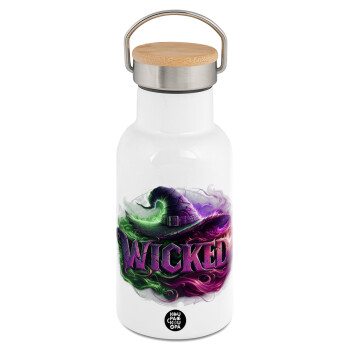 Wicked, Metallic thermos (Stainless steel) White with wooden lid (bamboo), double-walled, 350ml