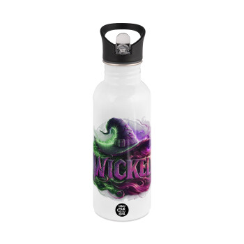 Wicked, White water bottle with straw, stainless steel 600ml