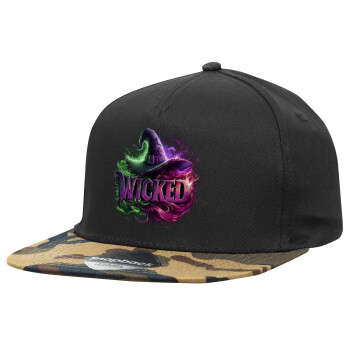 Wicked, Adult Flat Snapback Hat Black/Camouflage, (100% COTTON TWILL, ADULT, UNISEX, ONE SIZE)