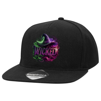 Wicked, Adult Flat Snapback Hat Black, (100% COTTON TWILL, ADULT, UNISEX, ONE SIZE)