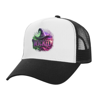 Wicked, Adult Structured Trucker Hat, with Mesh, WHITE/BLACK (100% COTTON, ADULT, UNISEX, ONE SIZE)