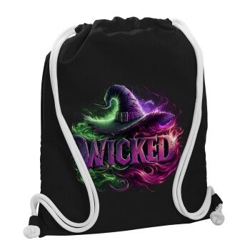 Wicked, Backpack pouch GYMBAG Black, with pocket (40x48cm) & thick white cords