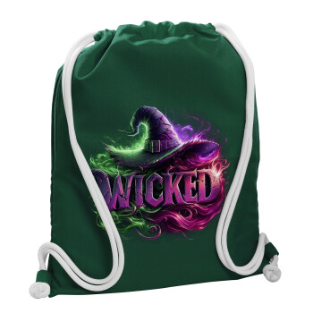 Wicked, Τσάντα πλάτης πουγκί GYMBAG BOTTLE GREEN, με τσέπη (40x48cm) & χονδρά λευκά κορδόνια