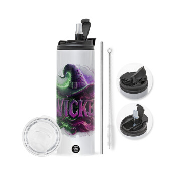 Wicked, Travel Tumbler 2 Lids, with metal straw & cleaning brush (Stainless steel 304 Food grade, BPA free, 600ml)