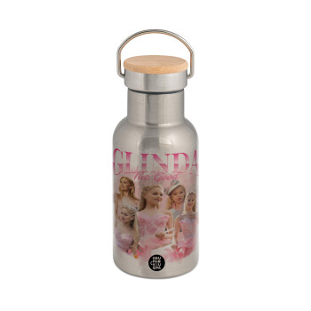 Wicked Glinda, Stainless steel metallic thermos flask, silver with a bamboo lid, double-walled, 350ml.