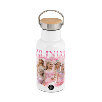 Wicked Glinda, Metallic thermos (Stainless steel) White with wooden lid (bamboo), double-walled, 350ml