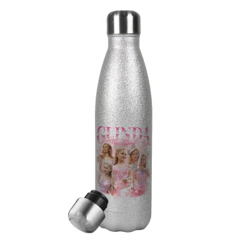 Wicked Glinda, Μεταλλικό παγούρι θερμός Glitter Aσημένιο (Stainless steel), διπλού τοιχώματος, 500ml