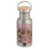 Stainless steel metallic thermos flask, silver with a bamboo lid, double-walled, 350ml.