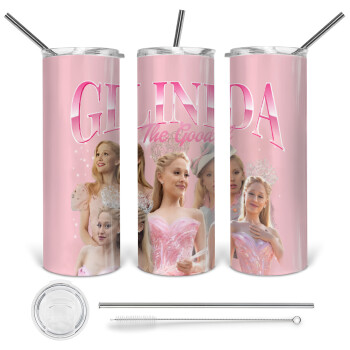 Wicked Glinda, Tumbler ποτήρι θερμό από ανοξείδωτο ατσάλι 600ml, με μεταλλικό καλαμάκι & βούρτσα καθαρισμού