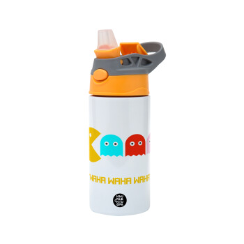 Pacman waka waka waka, Children's hot water bottle, stainless steel, with safety straw, Orange/Grey (360ml) BPA-FREE