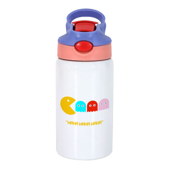 Pacman waka waka waka, Children's hot water bottle, stainless steel, with safety straw, pink/purple (350ml)