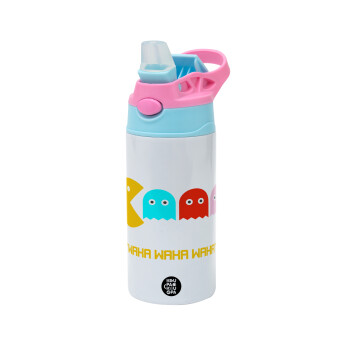 Pacman waka waka waka, Children's hot water bottle, stainless steel, with safety straw, Pink/BlueCiel (360ml) BPA FREE