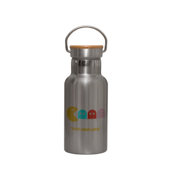 Pacman waka waka waka, Stainless steel metallic thermos flask, silver with a bamboo lid, double-walled, 350ml.