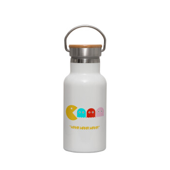 Pacman waka waka waka, Metallic thermos (Stainless steel) White with wooden lid (bamboo), double-walled, 350ml