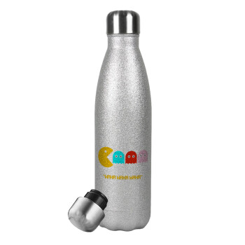 Pacman waka waka waka, Metallic Glitter Silver Thermos Flask (Stainless steel), double-walled, 500ml