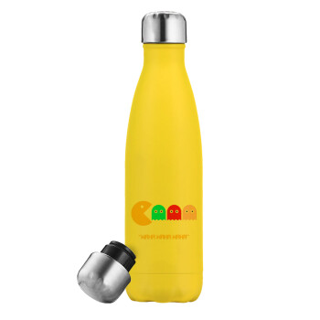 Pacman waka waka waka, Yellow Stainless Steel Metallic Thermos, double-walled, 500ml