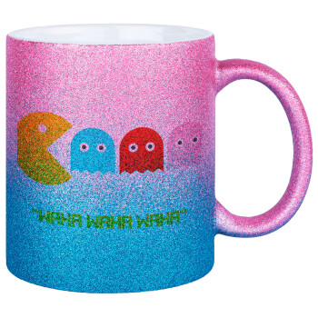 Pacman waka waka waka, Κούπα Χρυσή/Μπλε Glitter, κεραμική, 330ml