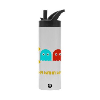 Pacman waka waka waka, Metallic thermos bottle with straw & handle, stainless steel (Stainless steel 304), double-walled, 600ml.