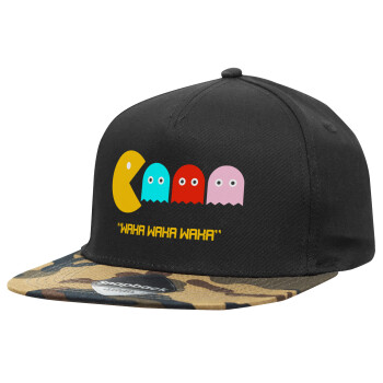 Pacman waka waka waka, Adult Flat Snapback Hat Black/Camouflage, (100% COTTON TWILL, ADULT, UNISEX, ONE SIZE)