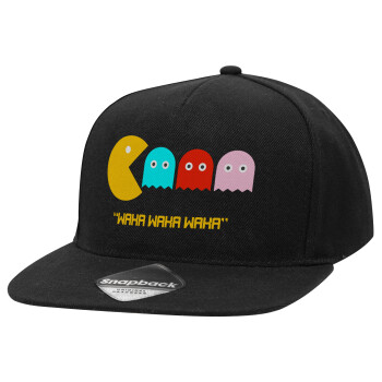 Pacman waka waka waka, Adult Flat Snapback Hat Black, (100% COTTON TWILL, ADULT, UNISEX, ONE SIZE)