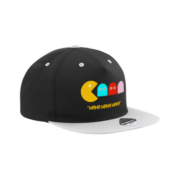 Pacman waka waka waka, Adult Flat Snapback Hat Black/Grey, (100% COTTON TWILL, ADULT, UNISEX, ONE SIZE)