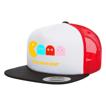 Pacman waka waka waka, Adult Foam Flat Snapback with Mesh Black-White-Red (POLYESTER, ADULT, UNISEX, ONE SIZE)