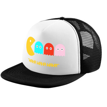 Pacman waka waka waka, Adult Soft Trucker Hat with Black/White Mesh (POLYESTER, ADULT, UNISEX, ONE SIZE)