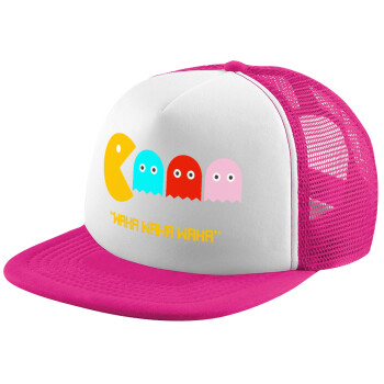 Pacman waka waka waka, Καπέλο Ενηλίκων Soft Trucker με Δίχτυ Pink/White (POLYESTER, ΕΝΗΛΙΚΩΝ, UNISEX, ONE SIZE)